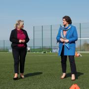 Then First Minister Arlene Foster pictured with then Deputy First Minister Michelle O'Neill at the Mid Ulster Sports Arena in Cookstown.