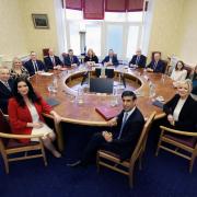 Prime Minister Rishi Sunak and Northern Ireland Secretary Chris Heaton-Harris meeting First Minister Michelle O'Neill, Deputy First Minister Emma Little-Pengelly, and members of the newly-formed Stormont Executive at Stormont Castle, Belfast,