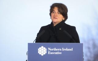 Arlene Foster pictured in 2021 delivering a Covid-19 briefing