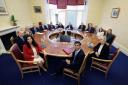 Prime Minister Rishi Sunak and Northern Ireland Secretary Chris Heaton-Harris meeting First Minister Michelle O'Neill, Deputy First Minister Emma Little-Pengelly, and members of the newly-formed Stormont Executive at Stormont Castle, Belfast,