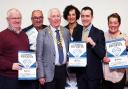 Members of Rotary Club of Enniskillen supporting The Impartial Reporter's Foodbank Appeal. Pictured with Editor Rodney Edwards (second right) are Kenny Fisher, Paul McGrenaghan, Ken Rainey (President), Catherine Robinson, and Tracey Kernaghan. Photo