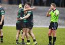 Callum Smyton and Aaron Dunwoody celebrate a significant victory over Galwegians as the Referee blows for full time