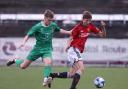 Co.Fermanagh's Kelan Kernaghan with Man Utd's during The Super Cup Premier Section in Coleraine Showgrounds in 2023