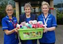 Olive Saunderson pictured with the 34 teddies that she knitted, gratefully received by SWAH A&E deputy sisters Rachel Mahon and Deidre Bogue,.