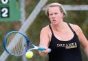 Louise McGann plays a forehand at the Fermanagh Veterans Championships.*