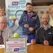 Laura McDowell, Alan Cadden and Kate Heaver of Irvinestown Lawn Tennis Club, prepare to dish up a feast of tennis to sponsors Joe Mahon of Mahon’s Hotel and Paul Ruegg of Flo-Gas at the launch of the 2021 Fermanagh Open Tennis Championships.