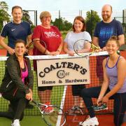 ILTC Club Captain Wendy Eaton welcomes Karen Coalter (sponsor) to the Bawnacre courts for the launch of the Coalter's Home & Hardware sponsored Summer League. : Back - Mark Crozier (The Sanders), Wendy Eation, Karen Coalter and Trevor Lucy