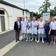 President of Tennis Ireland John Ryan is pictured with the four finalists, runers up Willie Noteman and David Williams and winners John Maguire and Dave Cunningham. Two organising committee members are also included.