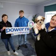 Power NI’s Oliver Howie with Victoria Ellingsen and Jenny Judge from Bright Eyes Animal Sanctuary in their newly renovated cabin space.
