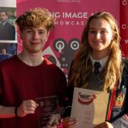 Sean O’Brien and Erinn Forster from Enniskillen Royal Grammar School celebrate at the Moving Image Arts Showcase 2022.
