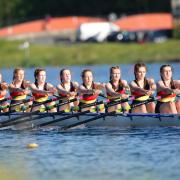 The ERBC Girls J14 8 on their way to victory at the National Schools' Championships. Photo: Ben Rodford Photography.