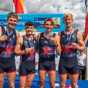 Odhran Donaghy (second, left) celebrates after securing European bronze as part of the GB Coxless Four crew last weekend.
