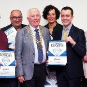 Members of Rotary Club of Enniskillen supporting The Impartial Reporter's Foodbank Appeal. Pictured with Editor Rodney Edwards (second right) are Kenny Fisher, Paul McGrenaghan, Ken Rainey (President), Catherine Robinson, and Tracey Kernaghan. Photo
