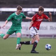Co.Fermanagh's Kelan Kernaghan with Man Utd's during The Super Cup Premier Section in Coleraine Showgrounds in 2023