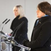 Then First Minister Arlene Foster and then deputy First Minister Michelle O'Neill during a media briefing