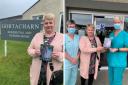 Lynda Lindsay pictured presenting 'Hope for Tomorrow' to  Mildred Keith and Fiona Boyd, Goracharn Nursing Home