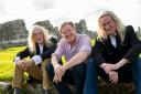 Lalor Roddy and Vincent Higgins pictured with Adrian Dunbar ahead of their performance of Ohio Impromptu on Devenish Island (Cordula Treml/PA)
