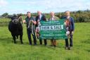 Pictured at the launch of the “Fermanagh Stars” Multi-breed Calf Show and Sale on the Morrison family farm at Drummeer, Maguiresbridge, are (from left) Thomas Keelagher, committee member FPLB holding the Drummeer herd’s Aberdeen Angus