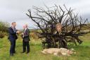 Chair of Fermanagh and Omagh District Council, Cllr Barry McElduff and Chair of Geopark Committee, Cllr John Paul Feeley discuss the new sculpture installations as part of RDP Cuilcagh Experience Project Launch at Killykeeghan Nature Reserve.