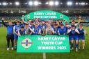 The Ballinamallard players celebrate after winning the Harry Cavan Youth Cup following a penalty shoot out victory  over Cliftonville.