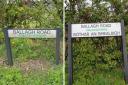 The previous Balllagh Road sign and the new dual language sign it has been replaced with.