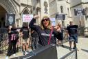 Sandra Dumont leads 'Justice for Jason' chants outside the Royal Courts of Justice in London's Strand, demanding the release of convicted killer Jason Moore