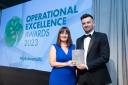 Jessica Minghinelli, Operational Excellence Awards judge, presents the Operations Manager/COO of the Year award to Conor Baxter, Operational Excellence Manager at Mannok.