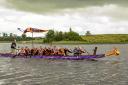 Officers of Co. Fermanagh Grand Orange Lodge: Norman Donaldson, (front left), Deputy County Grand Master and Mervyn Byers, County Grand Master, with other brethren as they row their way down Lower Lough Erne past Devenish Island to The Twelfth