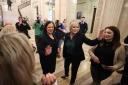 Sinn Fein president Mary Lou McDonald (centre) and vice president Michelle O’Neill wave after speaking to students from Mount Lourdes Grammar in Enniskillen at Stormont.
