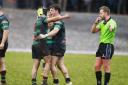 Callum Smyton and Aaron Dunwoody celebrate a significant victory over Galwegians as the Referee blows for full time