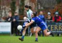 23 January 2022; Sinead Aherne of St Sylvester's in action against Eimear Keenan of Kinawley Brian Boru's during the 2021 currentaccount.ie All-Ireland Ladies Intermediate Club Football Championship Semi-Final match between St Sylvester's,