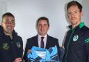 North West Cricket Union Club and Partnership Officer, Brian Allen; David Cadden (ECC Club Chairman); and Ireland international, Craig Young, at the launch of the new Enniskillen kit last week.