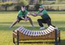 Matthew Morrison and Ben Duffy using the catching cradle for training.