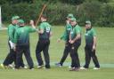 The North Fermanagh players celebrate after taking a wicket.