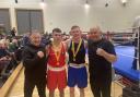 Erne boxers Rhys Owens and Anthony Malanaphy with coaches Greg Copeland and Sean Crowley.