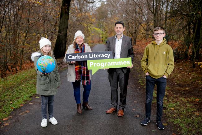 Pictured left to right are Fionnuala Gormley, Niamh Ni Cana, Environmental Education Coordinator and Scott Howes, Strategic Lead, Climate Action at Keep Northern Ireland Beautiful, and Gabriel Gormley.