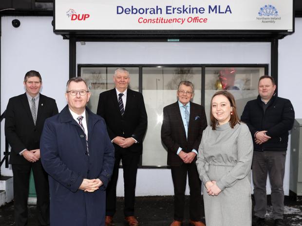 Impartial Reporter: Pictured at the opening of the new DUP office in Enniskillen are front from left, Sir Jeffery Donaldson, MP and Deborah Erskine, MLA. Back from left, Councillor Paul Stevenson, Erne North; Councillor Paul Robinson, andErne East; Bert Johnston, Former Councillor and Councillor Keith Elliott, Enniskillen.
