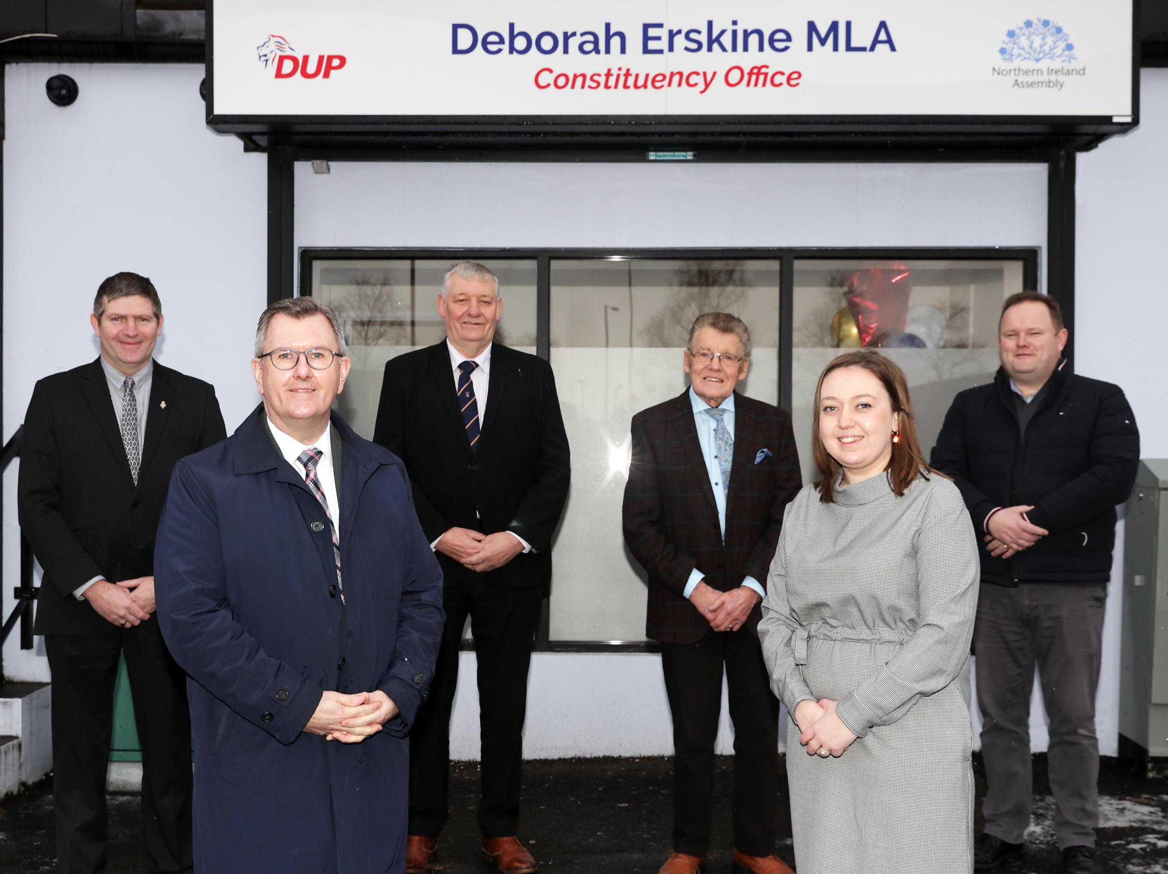 Pictured at the opening of the new DUP office in Enniskillen are front from left, Sir Jeffery Donaldson, MP and Deborah Erskine, MLA. Back from left, Paul Stevenson, Erne North; Paul Robinson, Erne East; Bert Johnston, Former Councillor and Keith