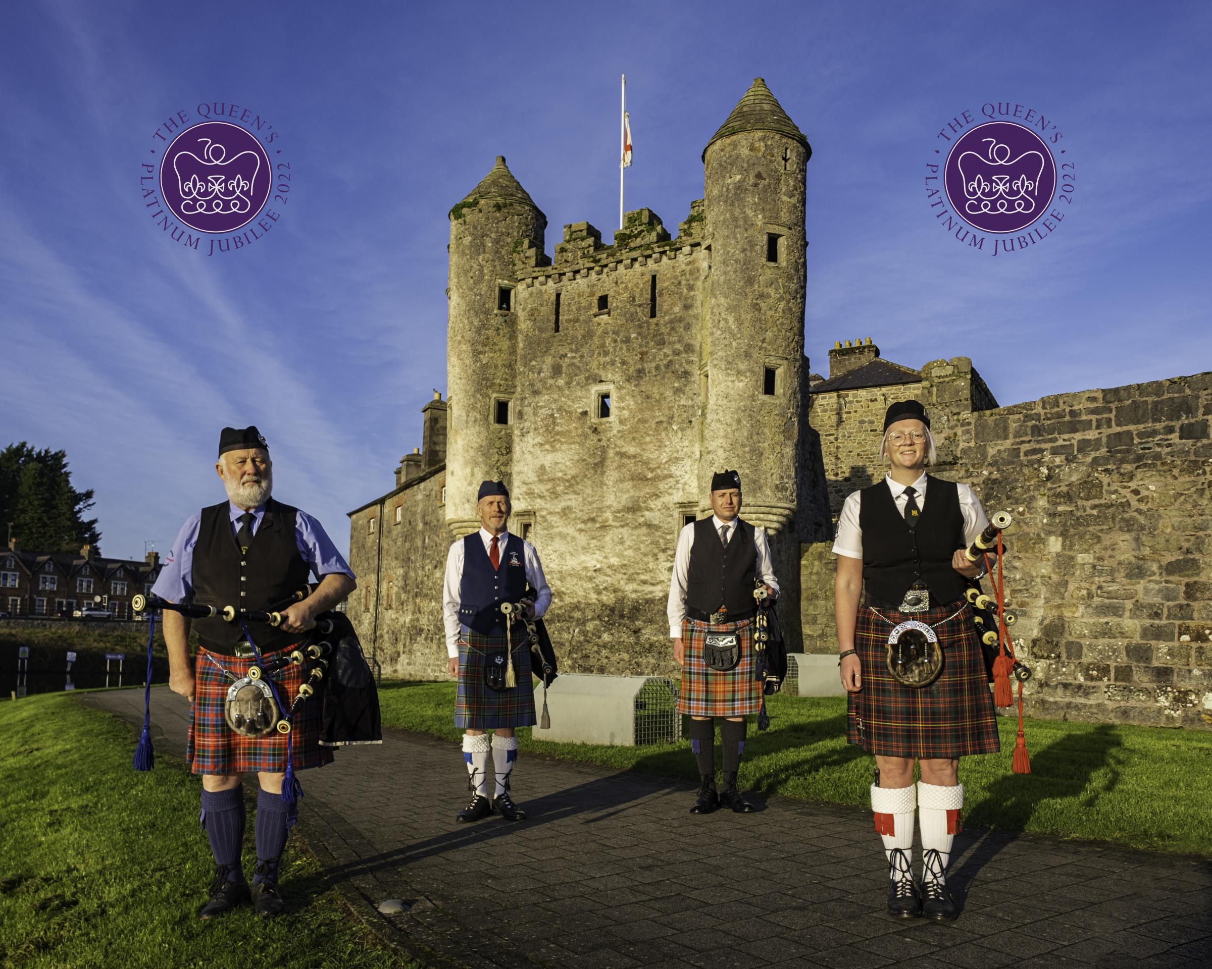Pipers at Enniskillen Castle in Decemeber 2021 for The Queens Platinum Jubilee.
