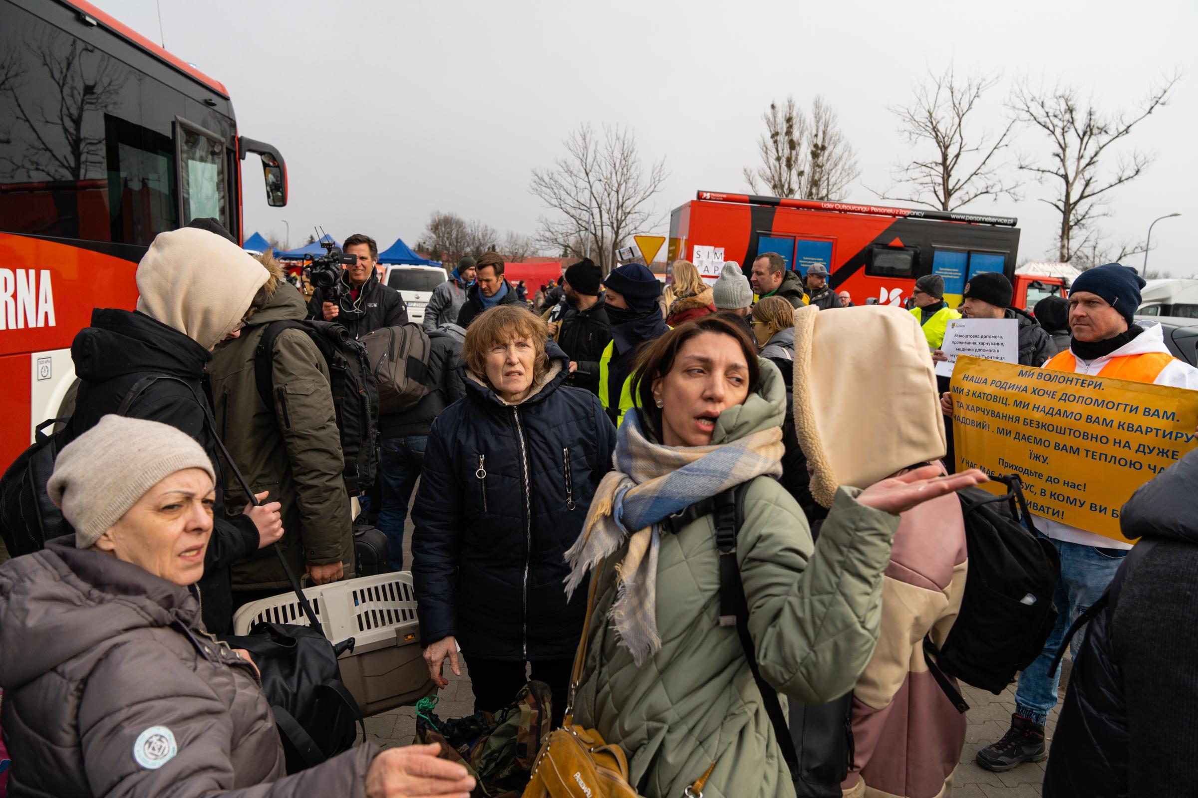 Families made up largely of women and children arrive at Przemysl refugee reception centre in Poland after crossing the border from Ukraine. Picture: Ronan McGrade