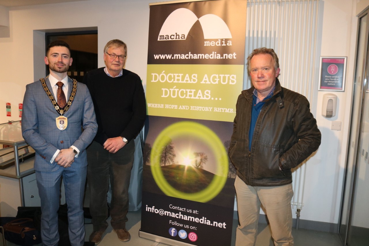 From left to right, Chris McCaffrey, vice chair Fermanagh Omagh District Council, alongside Luke McGinley and Jim Ledwith from the Mummers Foundation, all of whom are Irish language participants in the forthcoming BBC 2, three part programme