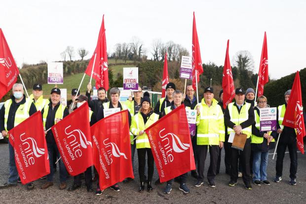 Unite members at the Education Authority depot on the Sligo Road during their strike to win pay improvements. Employees of FODC, the NI Housing Executive and Schools will also be taking part in strikes throughout the week.