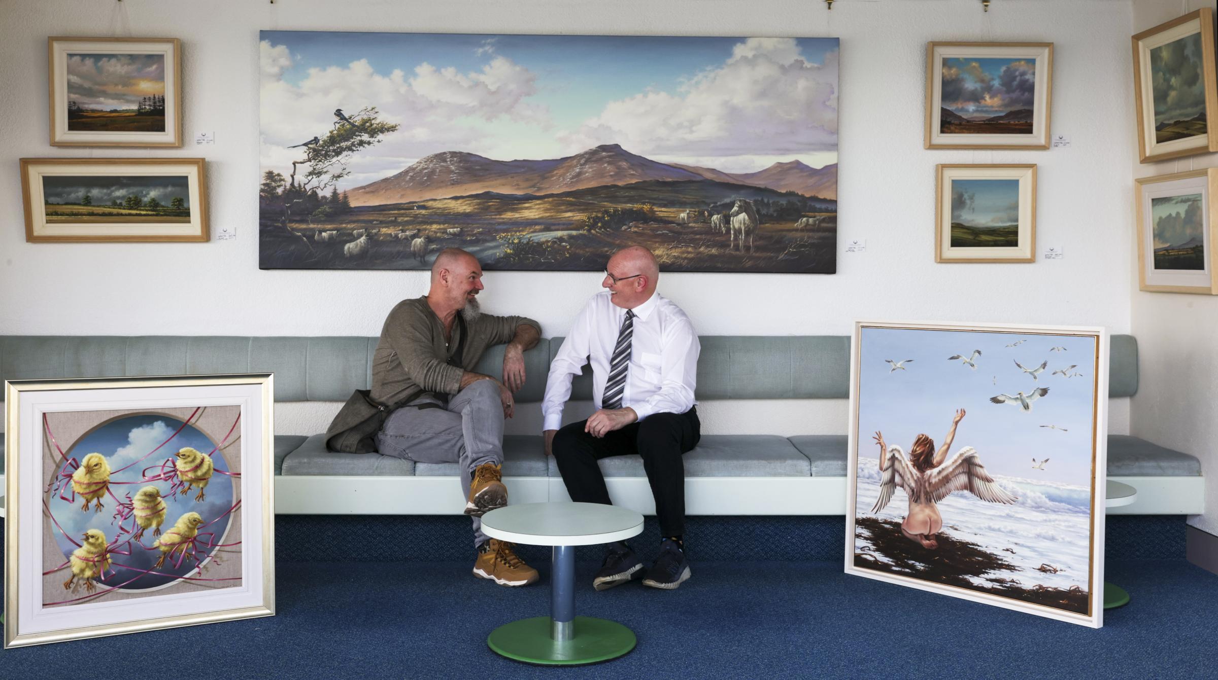 Laurence OToole, Artist, chatting with Charlie Oldcroft during his exhibition at The Ardhowen Theatre.