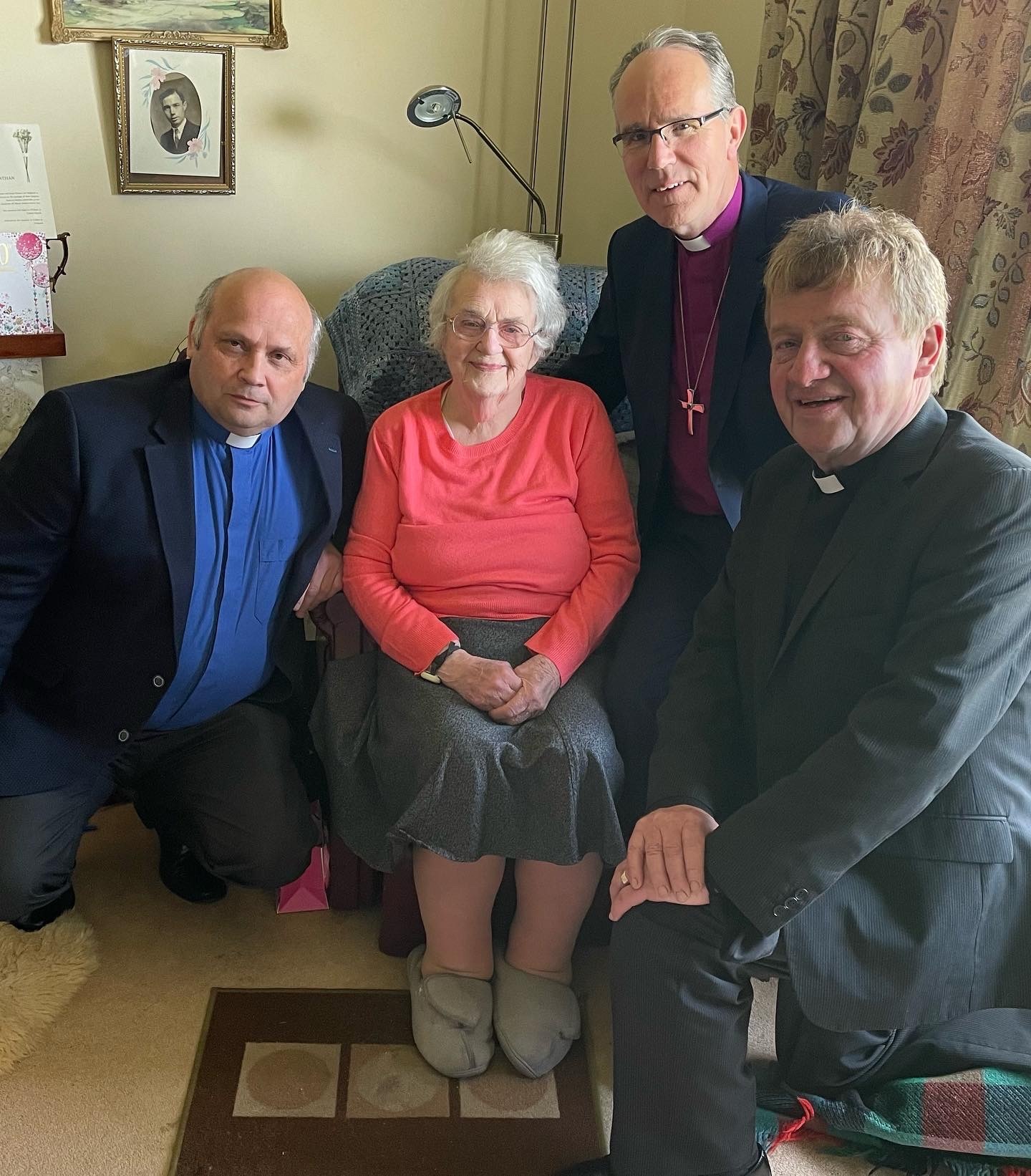 Joining Ethel to celebrate her birthday are; Canon Alan Irwin, Colaghty Parish, Lack, Bishop of Clogher, the Right Revd Dr Ian Ellis and Revd Abraham Storey, who is currently taking services in Mageraculmoney Parish, Ardess, Kesh 