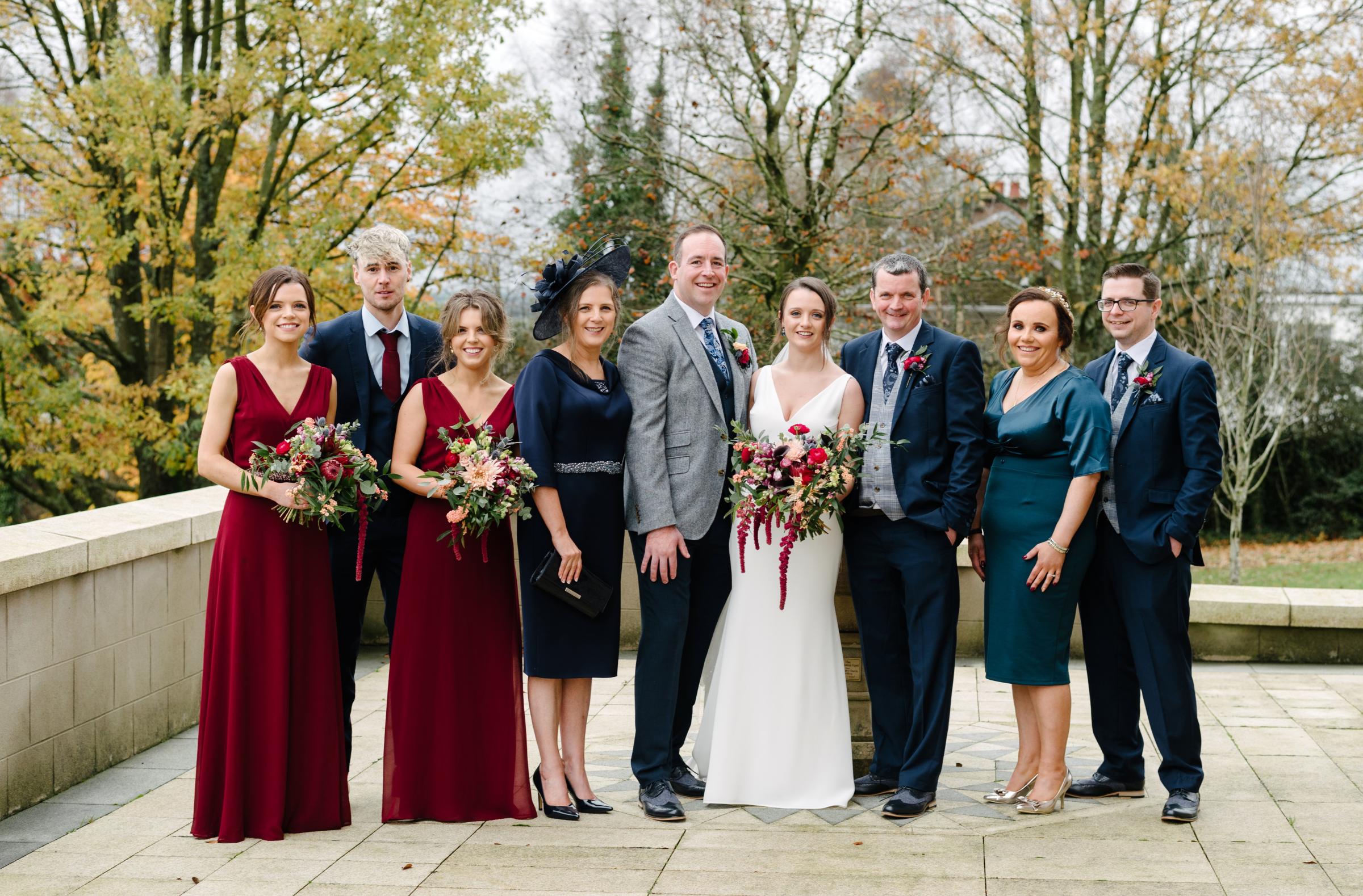 The bride and groom pictured with the brides family. From left to right: Maeve Gallagher, bridesmaid, Aaron Daly, Edel Gallagher, bridesmaid, Alice Gallagher, mother of the bride, Eóin Maguire, groom, Shauna Gallagher, bride, John Gallagher,