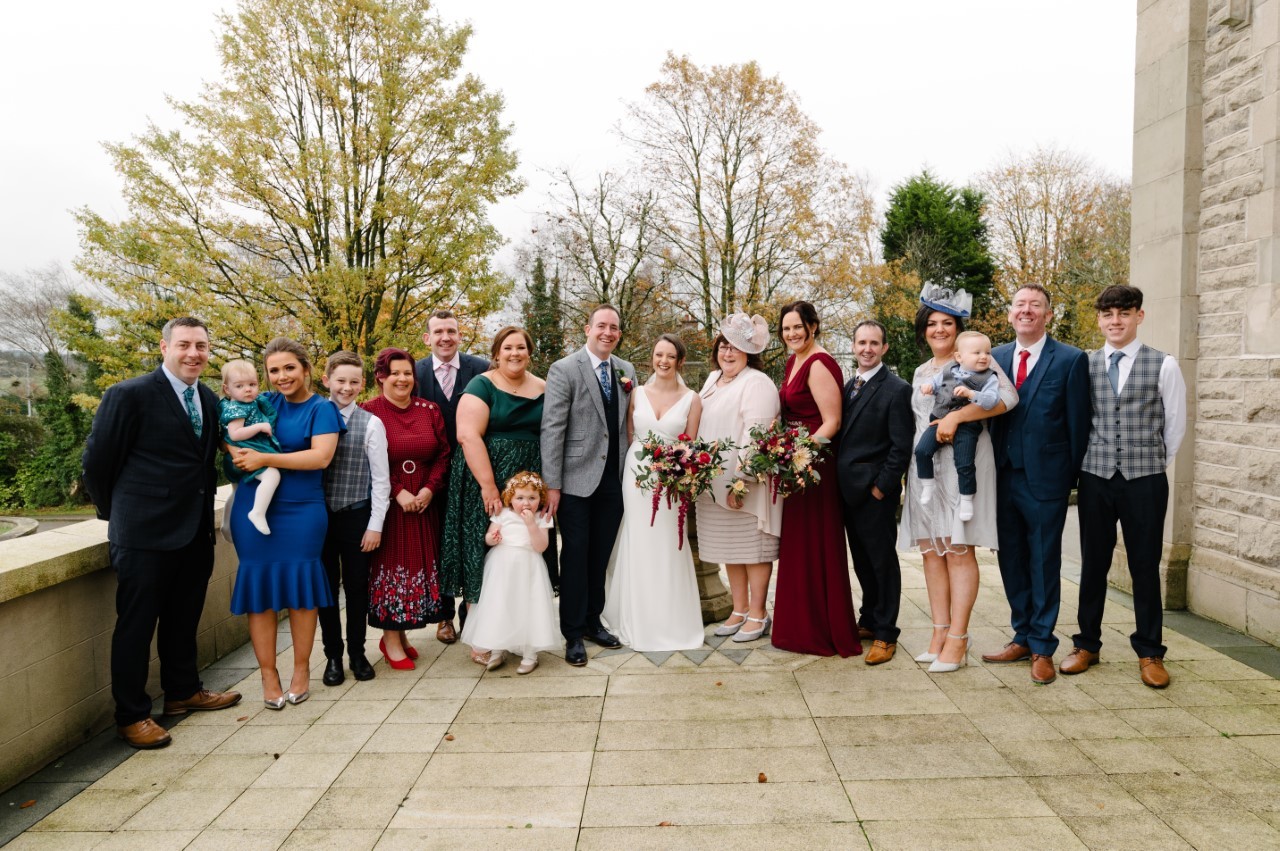 The bride and groom pictured with the grooms family. From left to right: Jarlath and Saoirse Prior, Lauren, Conor and Claire Kelly, Brian, Ashling and Aoibhean Forristal, Eóin and Shauna, Marie Maguire, Lisa and Roddy Cadden, Leanne and
