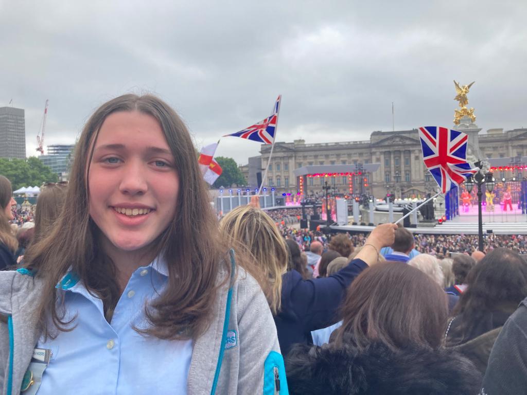 Molly McAlister, a young leader with Tempo Brownies, at the Platinum Jubilee Pageant in London.