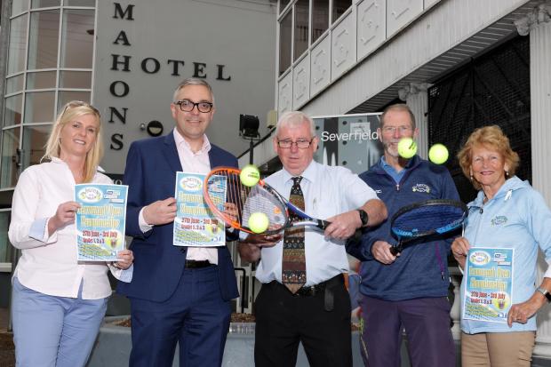 Pictured at the launch of The Fermanagh Open Tennis Championships at The Bawnacre, Irvinestown, from the 27th June, are from left, Lisa Greaves, Irvinestown Tennis Club; Graeme Buchanan, Buisness Unit Director, Severfield; Joe Mahon, Mahons Hotel,