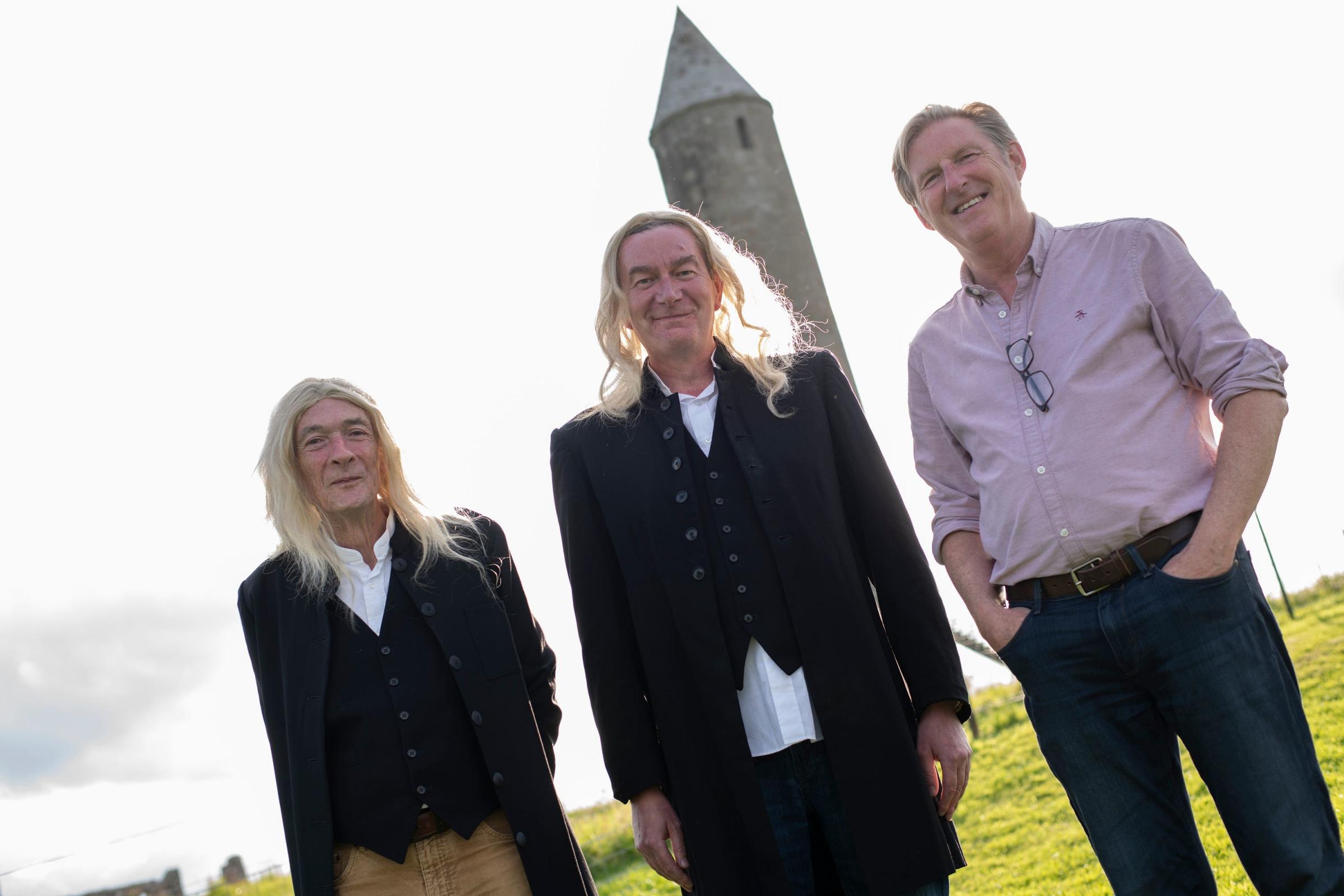 Lalor Roddy and Vincent Higgins pictured with Adrian Dunbar ahead of their performance of Ohio Impromptu on Devenish Island. Photo: Cordula Treml/PA.