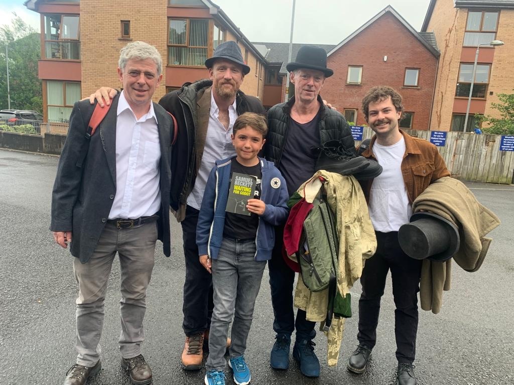 Actors who performed Becketts play Waiting For Godot, as part of the Walking For Waiting For Godot event: Andrew Bennett (as Vladimir), Rory Nolan (Estragon), Ned Dennehy (Pozzo), and Alex Murphy (Lucky) with (front) Enniskillen